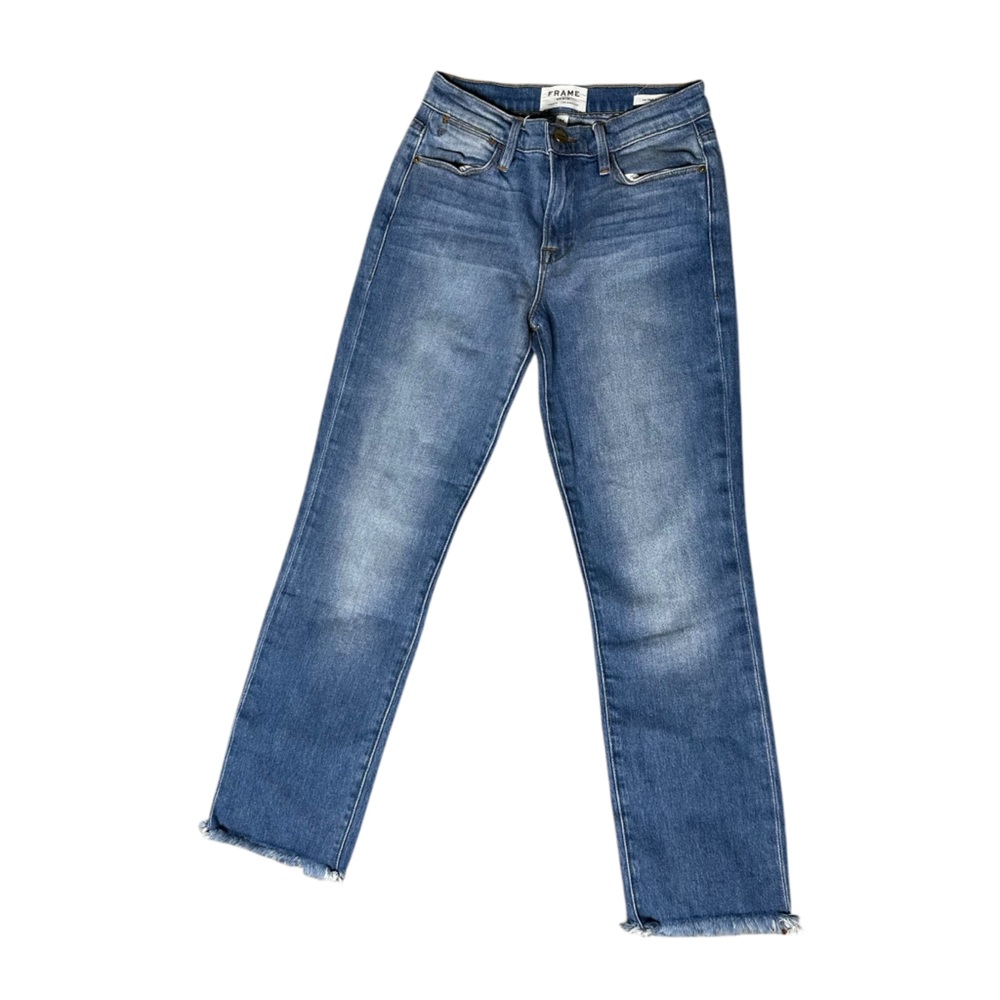 FRAME Le High Straight Jeans Women’s Size 24 Raw Hem Blue Denim Distressed